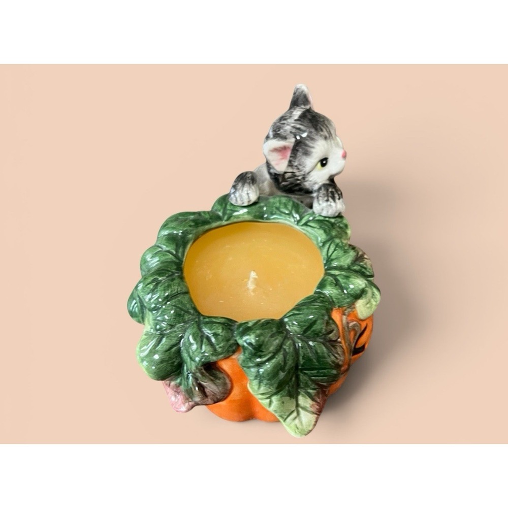 Fitz & Floyd Essentials Halloween Kitty Pumpkin Candle Holder Jar Jack-O-Lantern - Picture 7 of 12